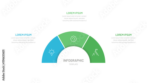 A semicircular diagram for demonstrating processes, an infographic for a presentation, and a website. Template, diagram consisting of 3 options, steps,