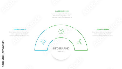 A semicircular line thin diagram for demonstrating processes, an infographic for a presentation, and a website. Template, diagram consisting of 3 options, steps