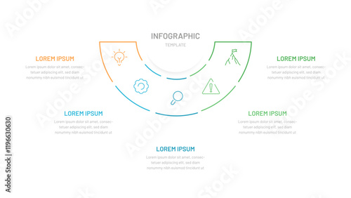 A thin semicircular line chart divided into five parts. Template for presentation slides, website, report, startup, business. Editable icons, bright colors