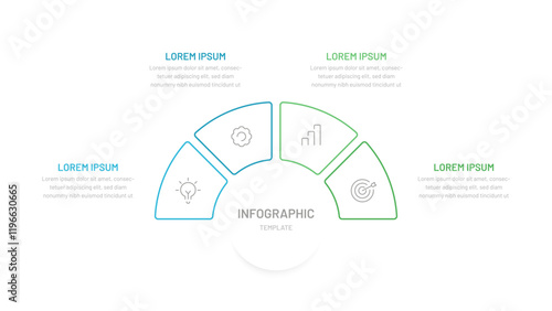 A thin semicircular line chart divided into four parts. Template for presentation slides, website, report, startup, business. Editable icons, bright colors