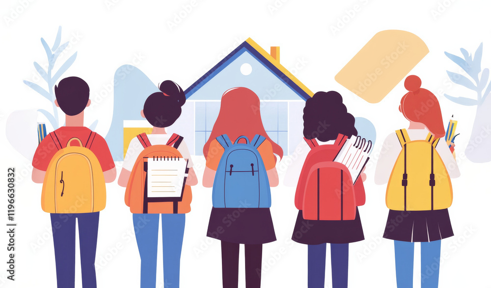 Students standing together, looking at school building, backpacks, school supplies, diverse group, education, teamwork, learning environment, friendship, anticipation Students standing together, looking at school building, backpacks, school supplies, diverse group, education, teamwork, learning environment, friendship, anticipation