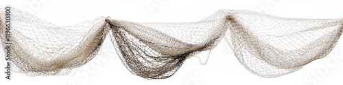 Three beige fishing nets draped on white background. photo