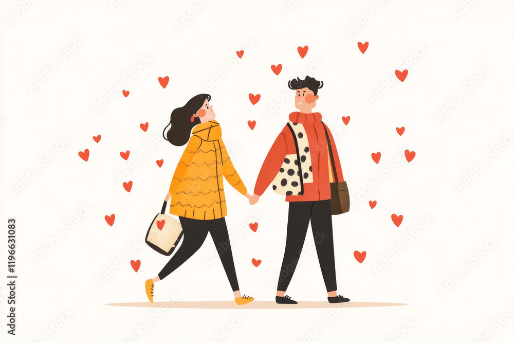Obraz premium couple walks hand in hand, surrounded by hearts, expressing love and joy. woman wears yellow sweater, while man sports colorful outfit, creating cheerful atmosphere