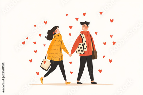 Wallpaper Mural couple walks hand in hand, surrounded by hearts, expressing love and joy. woman wears yellow sweater, while man sports colorful outfit, creating cheerful atmosphere Torontodigital.ca