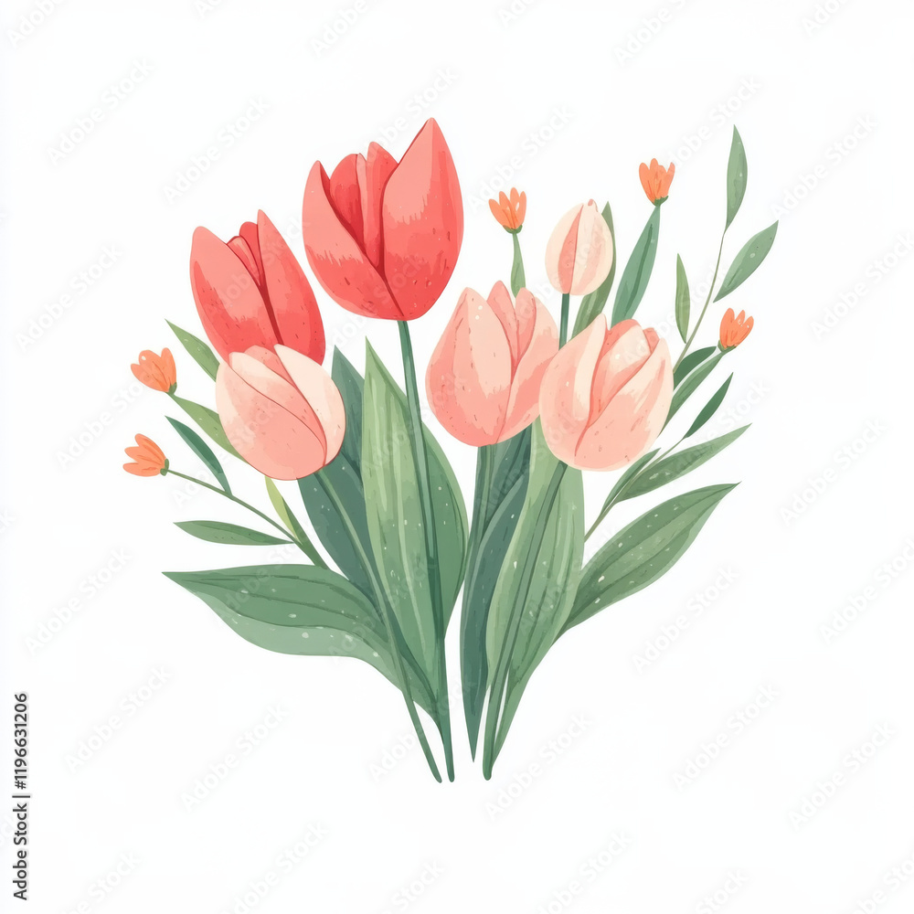 Fototapeta premium beautiful bouquet of red and pink tulips with green leaves, perfect for spring decor or floral design. This illustration captures essence of nature beauty and freshness