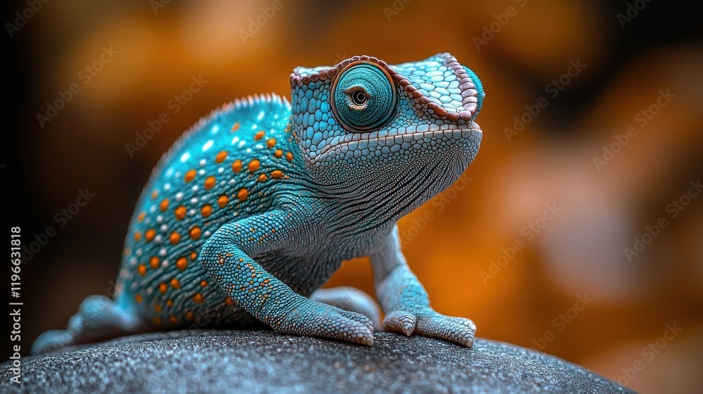 Fototapeta premium Turquoise chameleon posing on rock, blurred background, exotic pet.