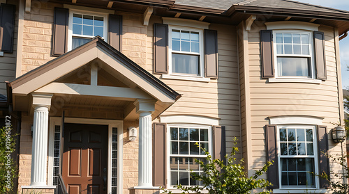 Wallpaper Mural Elegant Home Exterior: Beige Brick House with Brown Shutters and Classic Columns Torontodigital.ca