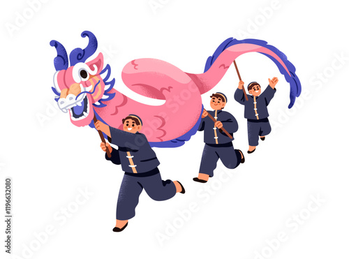 Chinese New Year dragon dance performance. Traditional cultural Asian holiday celebration. Performers carrying mascot symbol at street parade. Flat vector illustration isolated on white background