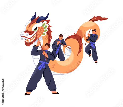 Chinese dragon dance performance. Carrying symbol puppet for Lunar New Year celebration in China. Street performers in Asian festival parade. Flat vector illustration isolated on white background