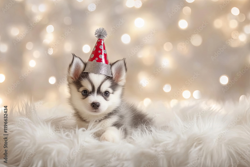 Festive Husky Puppy Wearing a Party Hat sitting on fluffy white fur with twinkling lights in the background Festive Husky Puppy Wearing a Party Hat sitting on fluffy white fur with twinkling lights in the background
