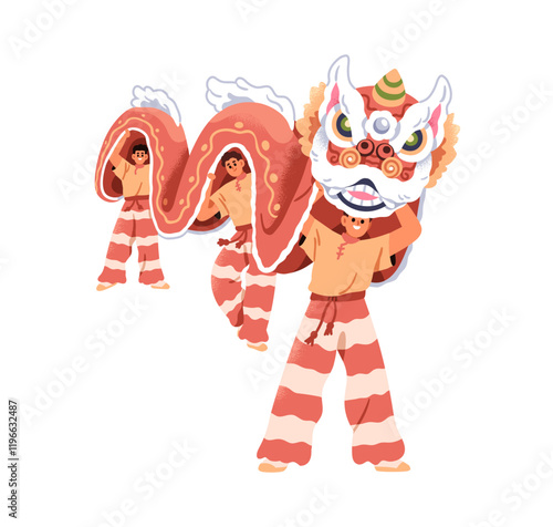 Chinese New Year performance, lion dragon dance. Festive traditional celebrat...