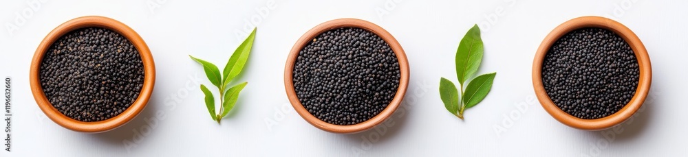 Black tea leaves in bowls with fresh green leaves. Black tea leaves in bowls with fresh green leaves.