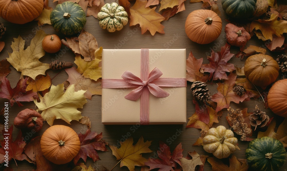 Flat lay of a Thanksgiving table setup with a gift box, decorative pumpkins, and autumn leaves creating a warm festive atmosphere Flat lay of a Thanksgiving table setup with a gift box, decorative pumpkins, and autumn leaves creating a warm festive atmosphere
