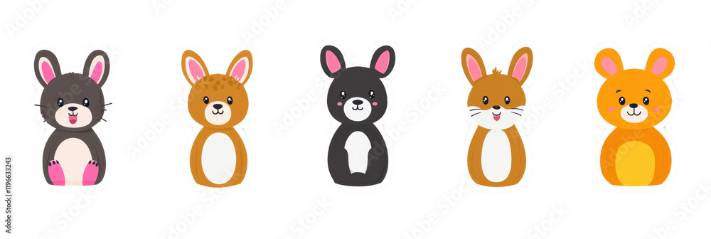 Fototapeta premium Cute cartoon animals featuring five adorable bunnies in various colors and styles, perfect for stickers or children illustrations