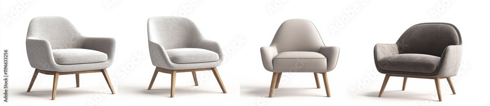 Four modern armchairs in various neutral colors on white background. Four modern armchairs in various neutral colors on white background.