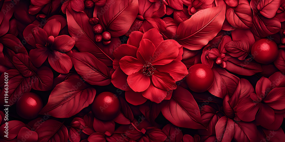 Vibrant display of red flowers and leaves on rich red background Vibrant display of red flowers and leaves on rich red background