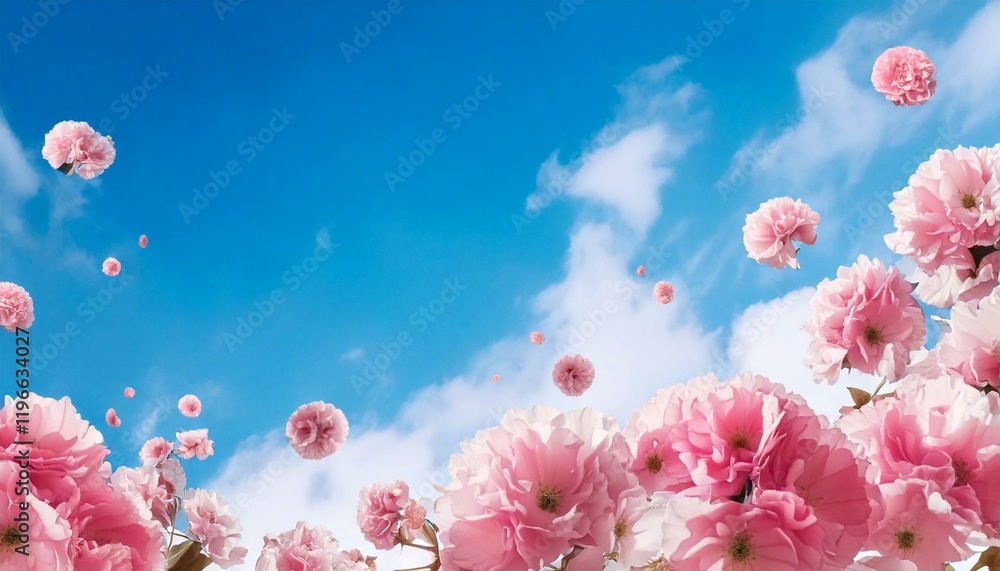 Spring flowers fly on a blue sky background. Beautiful pastel pink Spring flowers fly on a blue sky background. Beautiful pastel pink