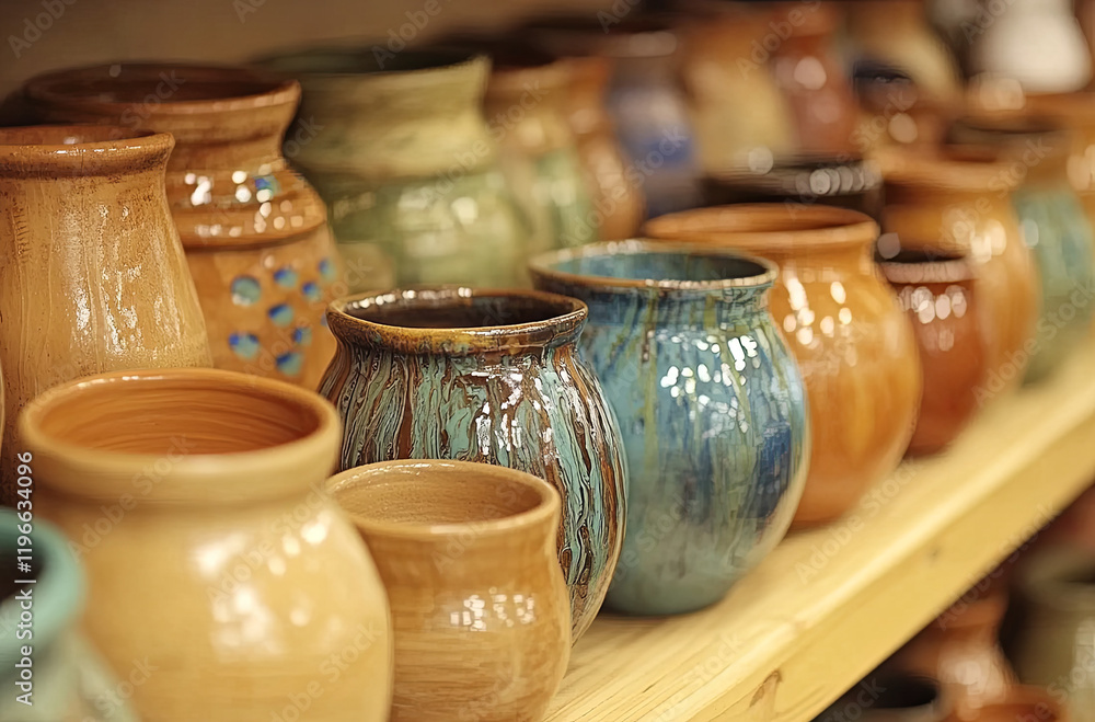 A close-up shot of the pottery studio, focusing on various ceramic pots and vases arranged neatly in rows or layers. The warm hues of clay and Handcrafted Pottery Collection A close-up shot of the pottery studio, focusing on various ceramic pots and vases arranged neatly in rows or layers. The warm hues of clay and Handcrafted Pottery Collection