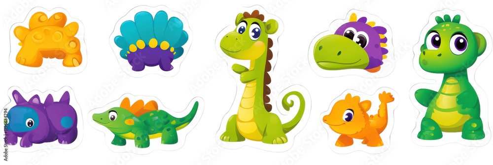 Fototapeta premium Cute cartoon animals stickers featuring colorful dinosaurs and creatures. These playful designs are perfect for children crafts, decorations, and educational materials