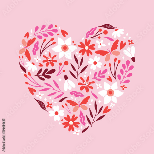 Vector illustration to Saint Valentine's Day with floral ornament in heart shape. Cute pink banner with flowers, plants, botanical elements, berries, butterfly. Flat trendy design. Romantic.