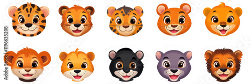 Cute cartoon animal stickers featuring tiger, lion, and panther faces, perfect for kids projects and decorations. These vibrant designs bring joy and fun to any creative work photo