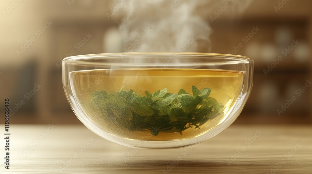 Warm herbal infusion in clear bowl, steam rising, inviting ambia Warm herbal infusion in clear bowl, steam rising, inviting ambia