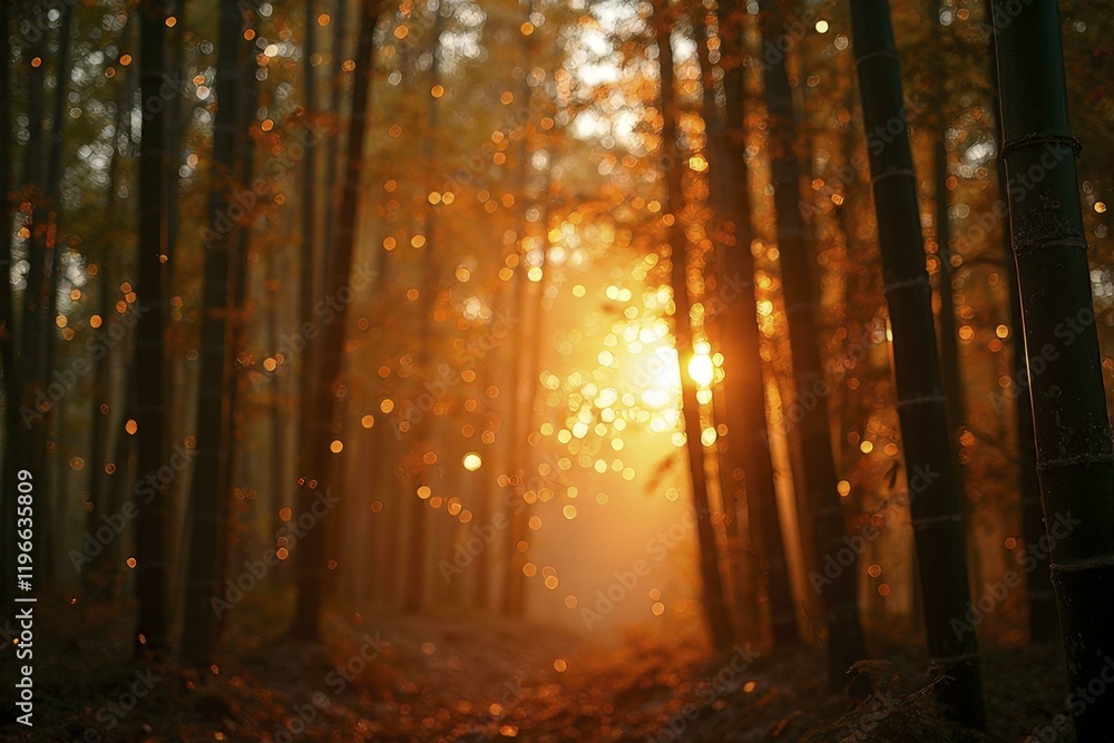 Naklejka premium Glowing bamboo forest with sunlight filtering through, bokeh lights