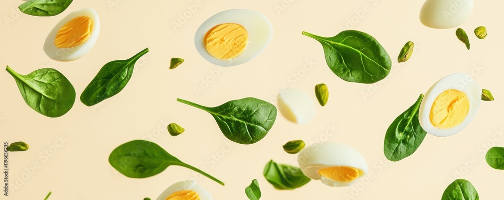 fresh spinach leaves and hard-boiled egg slices flying in mid-air with a pastel pistachio background fresh spinach leaves and hard-boiled egg slices flying in mid-air with a pastel pistachio background