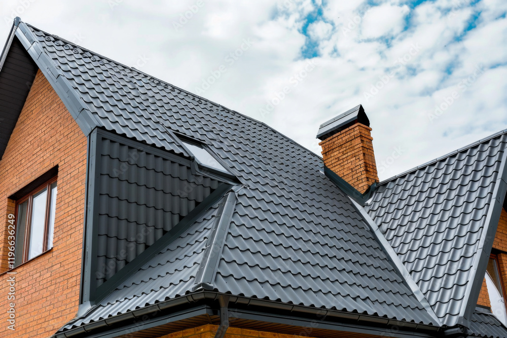 A sleek dark metal dart roof window installed on a pitched roof under a clear blue sky. A sleek dark metal dart roof window installed on a pitched roof under a clear blue sky.