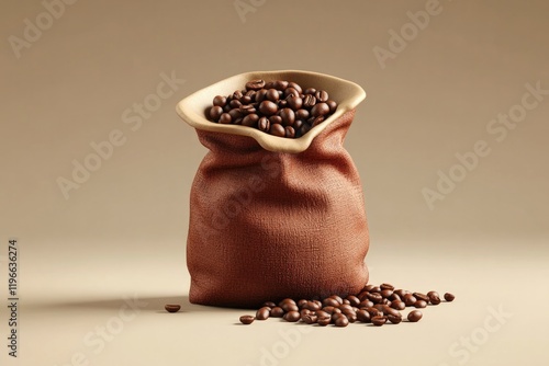 Brown bag overflowing with rich coffee beans, creating an inviti photo