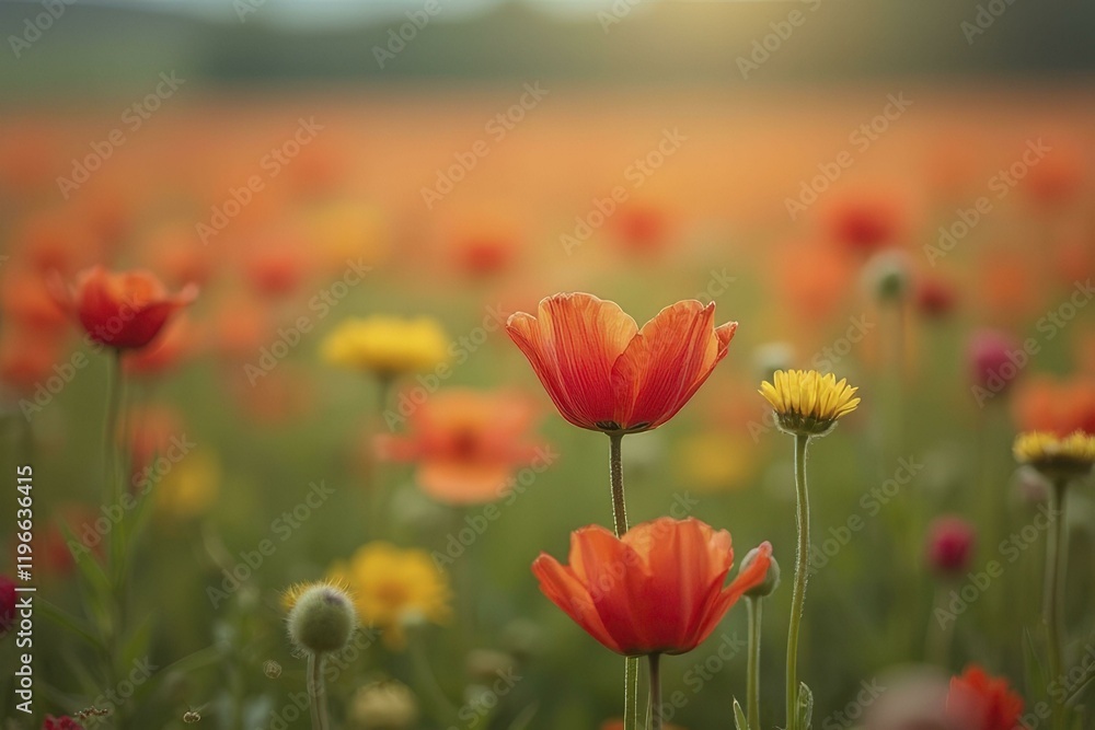 Flower field with blurred blooms and bokeh background Flower field with blurred blooms and bokeh background