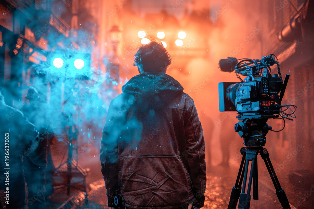 Fototapeta premium A cinematographer operates a camera on a tripod, capturing a scene outside a house bathed in atmospheric blue light and fog at dusk.