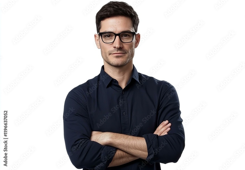 A handsome man in glasses stands with his arms crossed on an isolated white background wearing a dark blue shirt and pants portrait photography studio shot A handsome man in glasses stands with his arms crossed on an isolated white background wearing a dark blue shirt and pants portrait photography studio shot