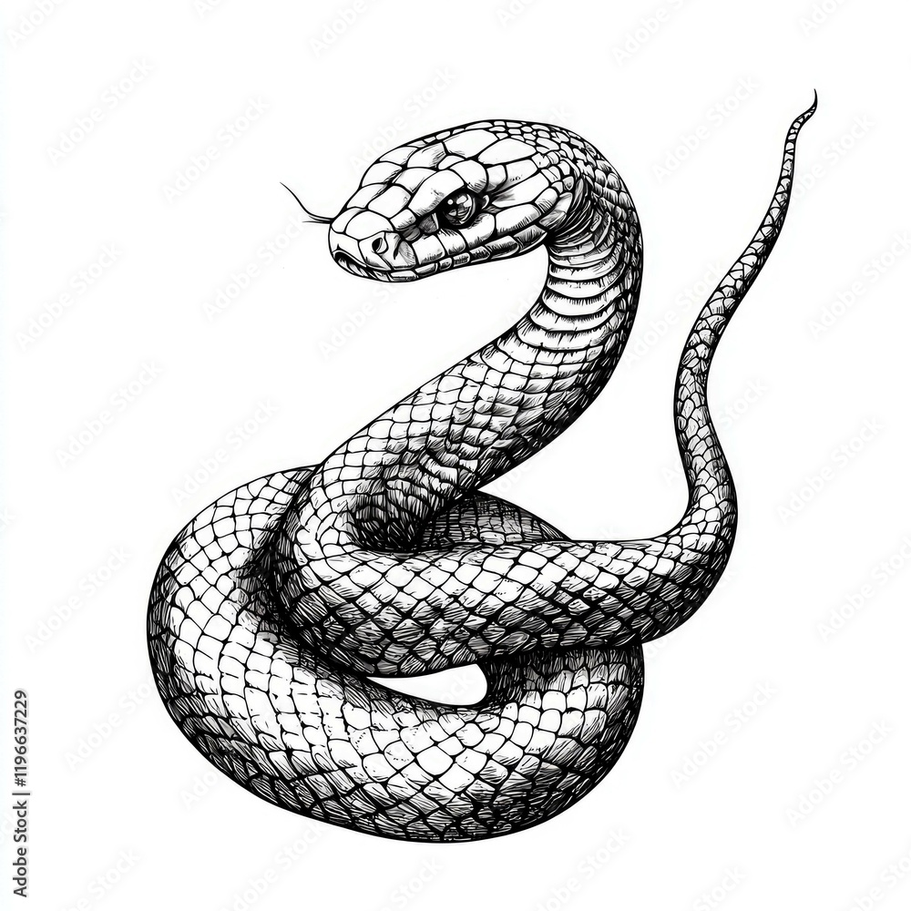 Obraz premium Majestic Serpent: A Black and White Hand-Drawn Illustration of a Coiled Snake, Detailed Scales, and Intricate Design