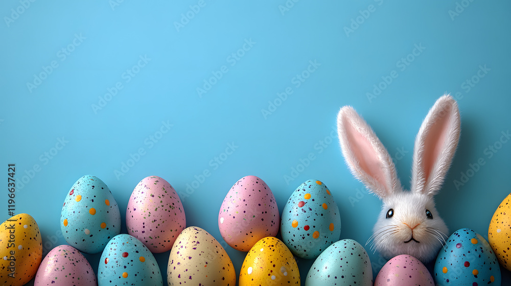 A bunch of colorful eggs with a pink bunny's ear on top. The eggs are arranged in a row and the bunny's ear is placed in the middle of the row. Concept of fun and playfulness A bunch of colorful eggs with a pink bunny's ear on top. The eggs are arranged in a row and the bunny's ear is placed in the middle of the row. Concept of fun and playfulness