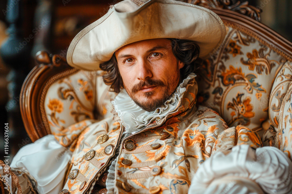 A refined gentleman dressed in an elaborate Renaissance costume and a tricorn hat poses confidently , conveying a scene from a bygone era. A refined gentleman dressed in an elaborate Renaissance costume and a tricorn hat poses confidently , conveying a scene from a bygone era.