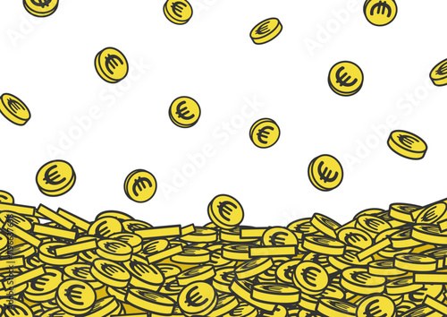 空から降ってくるユーロ硬貨と山になったコインのベクターイラスト