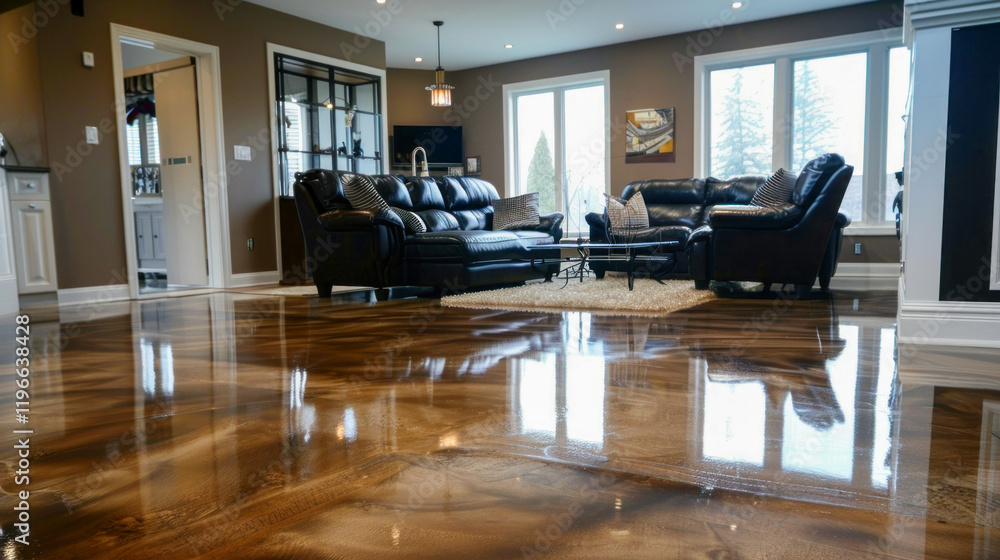 custom made wallpaper toronto digitalThe glossy epoxy floor reflects the contemporary furnishings and warm decor of a modern apartments living room, enhancing the spaces overall appeal.