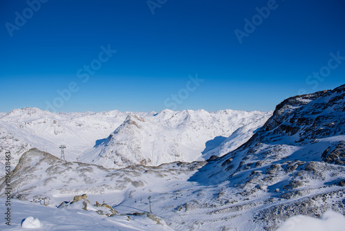 Switzerland Bernina Diavolezza perennial glacier, in winter with snow, Bernina train route.