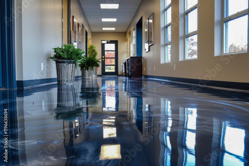 Wallpaper Mural A sleek blue epoxy floor reflects the lighting in a modern office corridor, highlighting its clean, polished appearance and professional environment. Torontodigital.ca