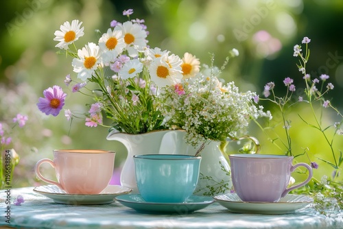 Wallpaper Mural Pastel teacups and daisy bouquet creating a relaxing garden scene Torontodigital.ca