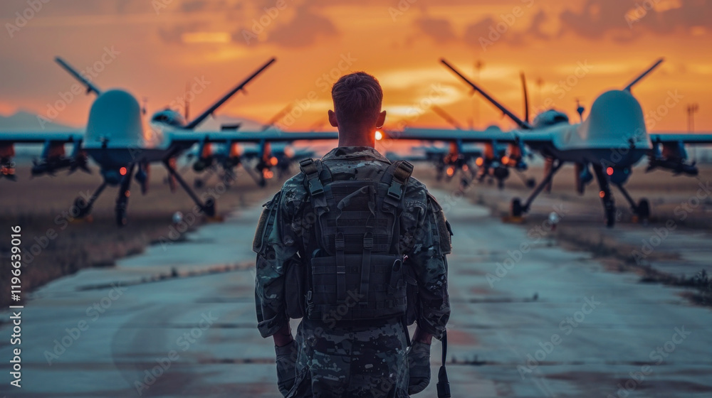 A soldier with a rucksack stands facing a lineup of military drones on an airfield, with the sun rising in the background. A soldier with a rucksack stands facing a lineup of military drones on an airfield, with the sun rising in the background.