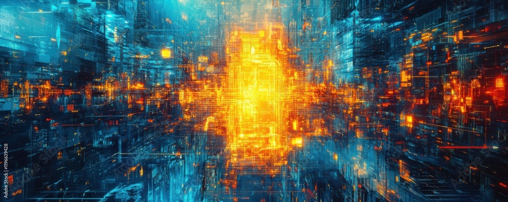 Futuristic cityscape, neon lights, abstract architecture, cyberpunk, digital landscape showcasing a towering structure amidst glowing structures in shades of blue and orange Futuristic cityscape, neon lights, abstract architecture, cyberpunk, digital landscape showcasing a towering structure amidst glowing structures in shades of blue and orange