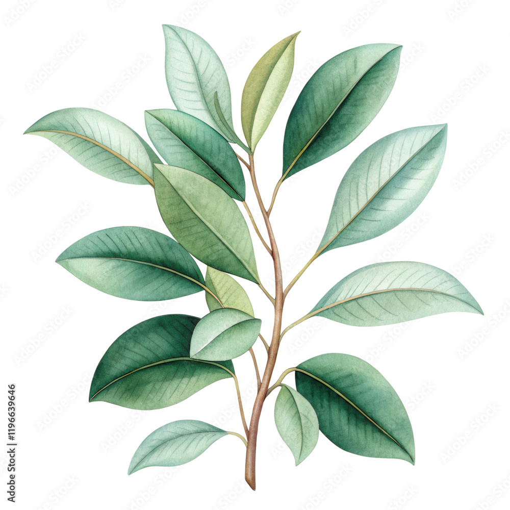 Naklejka premium A realistic illustration of a branch with various green leaves, showcasing distinct shapes and textures.