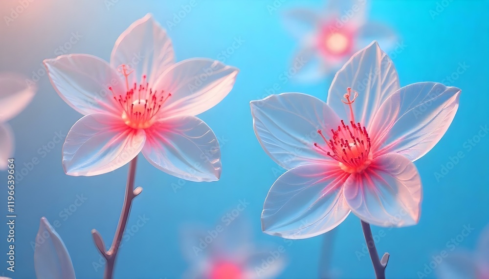 3d Transparent glass-like flowers with red centers, floating above a soft blue background with a hint of depth and shadows for dimensionality. 3d Transparent glass-like flowers with red centers, floating above a soft blue background with a hint of depth and shadows for dimensionality.