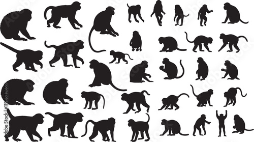 Expressive Macaque Silhouettes Collection, Black Vector Designs of Agile Primates