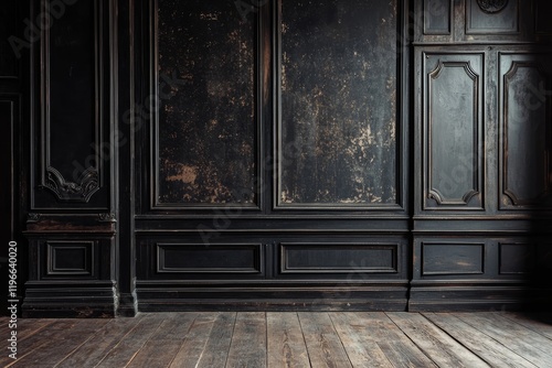 Dark wood wall paneling and floor interior. photo