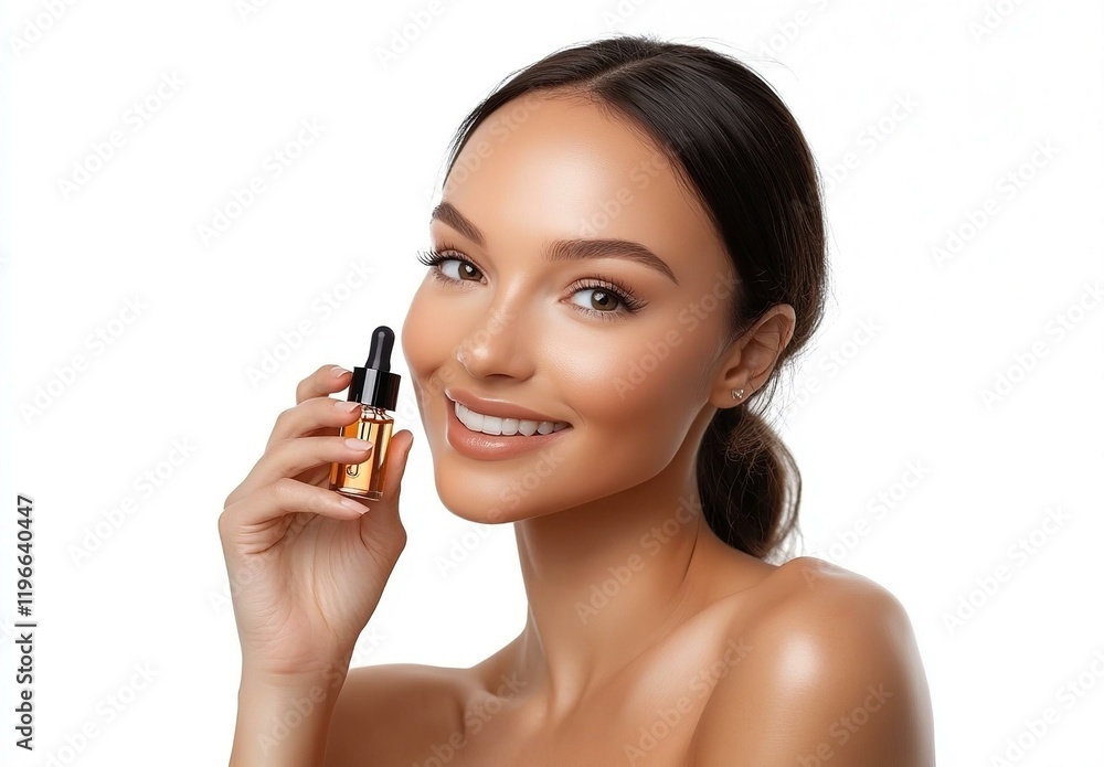 A beautiful woman with clean radiant skin is applying face serum to her cheekbones against a white background A beautiful woman with clean radiant skin is applying face serum to her cheekbones against a white background