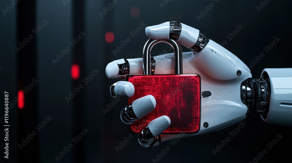 Naklejka premium Cyber security and sleek, A robotic hand holds a red padlock, symbolizing security and technology in a futuristic setting.