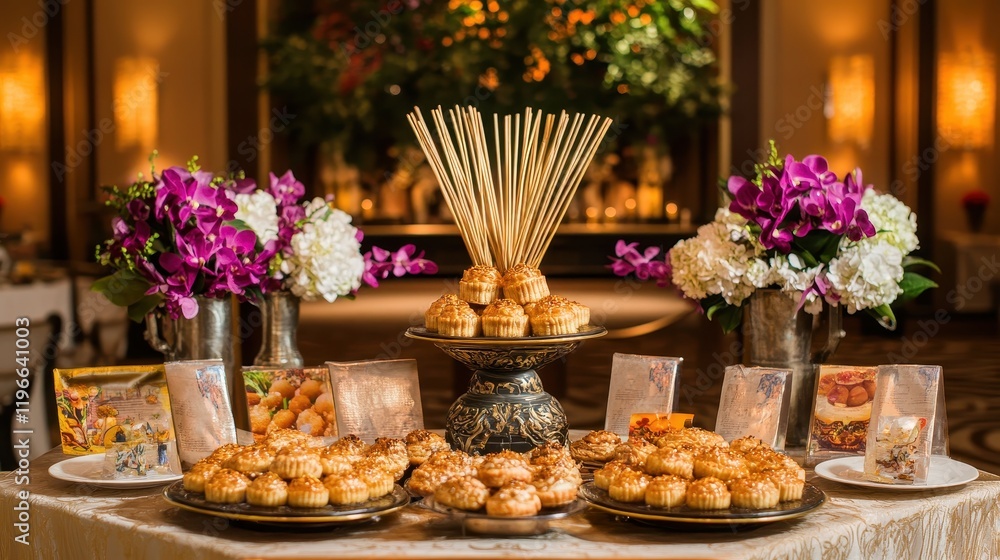 Elegant Dessert Display with Floral Accents Elegant Dessert Display with Floral Accents